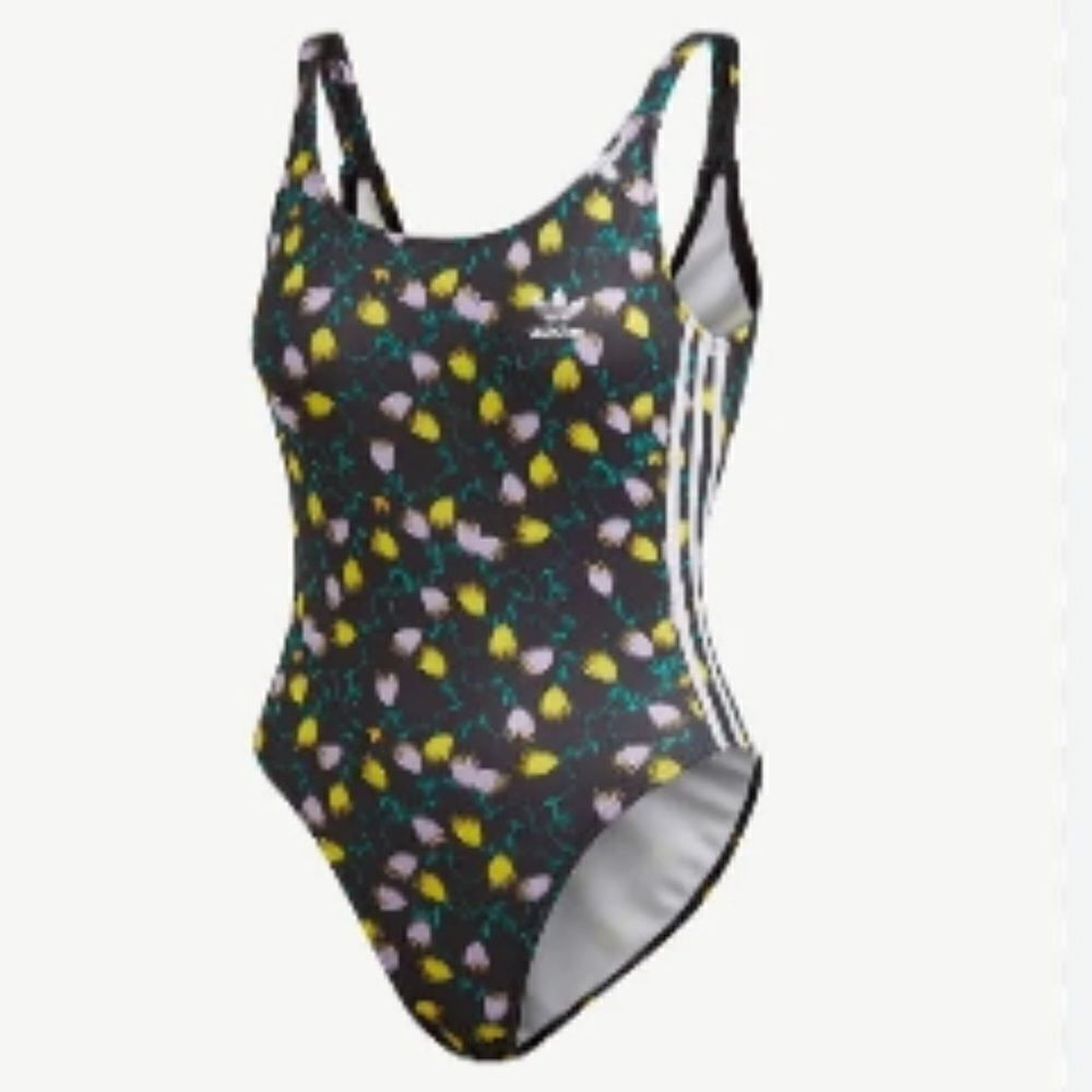 NWT Adidas AOP stretchy tulip print black racing stripes swim suit Medium M - Picture 2 of 14